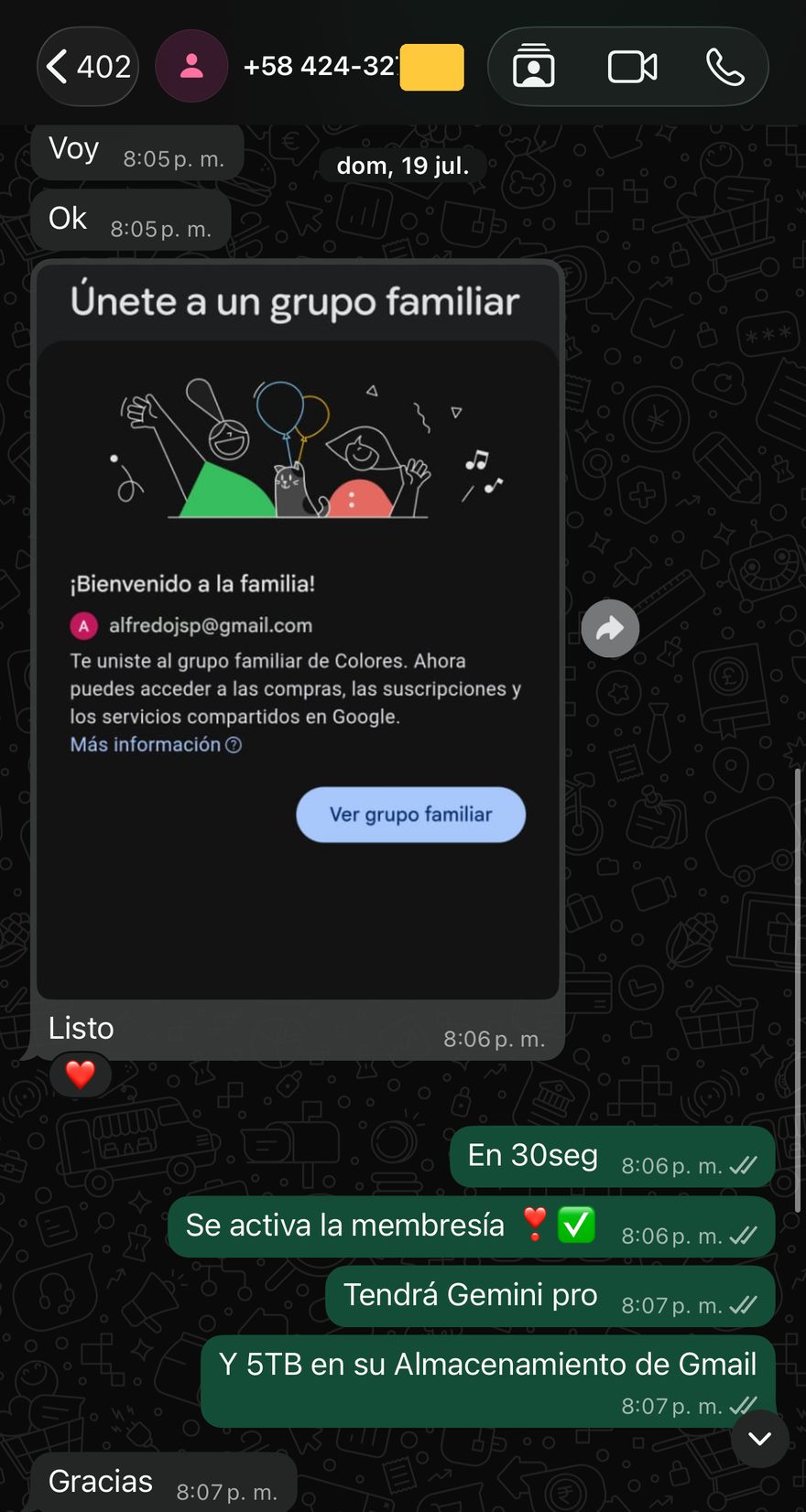Entrega real de Gemini Pro confirmada por el cliente en WhatsApp